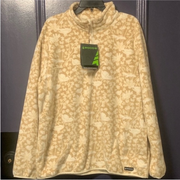 Woods Tops - Woods Fleece Sweater Top Floral Size Pockets Tan Brown XL P2P: 22.5”